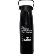 Black water bottle with festival logo