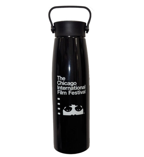 Black water bottle with festival logo