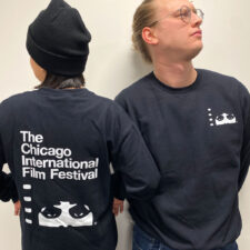 Models showing the front and back of the Chicago International Film Festival sweatshirt