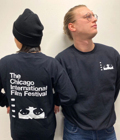 Models showing the front and back of the Chicago International Film Festival sweatshirt